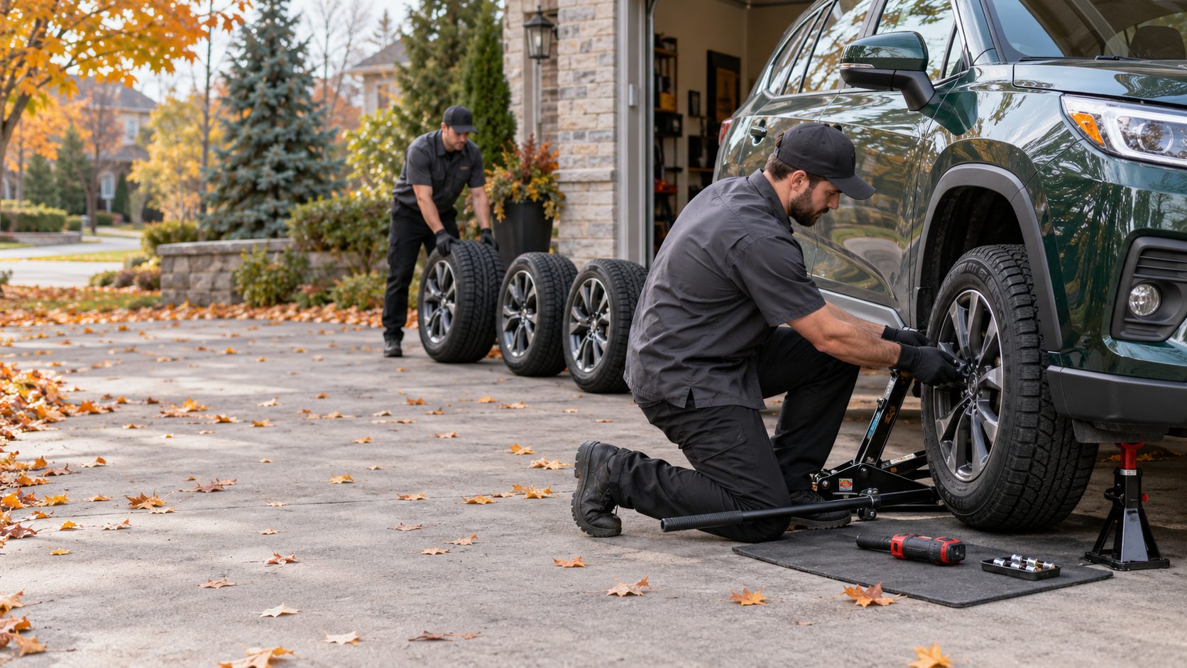 A property-care worker fitting a complete winter tire-and-wheel assembly, already mounted on its rim, to a car in a residential Ottawa driveway.