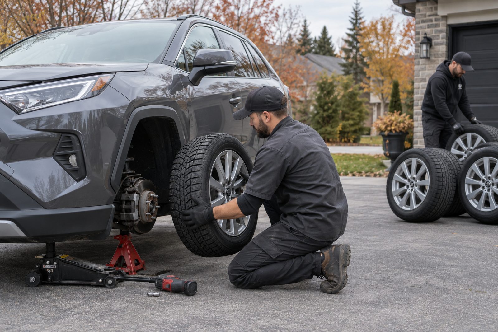 A worker lifting a complete winter tire and wheel assembly, already mounted on its rim, beside an SUV raised on a jack and stand in a driveway, with a matching set of wheels waiting nearby.