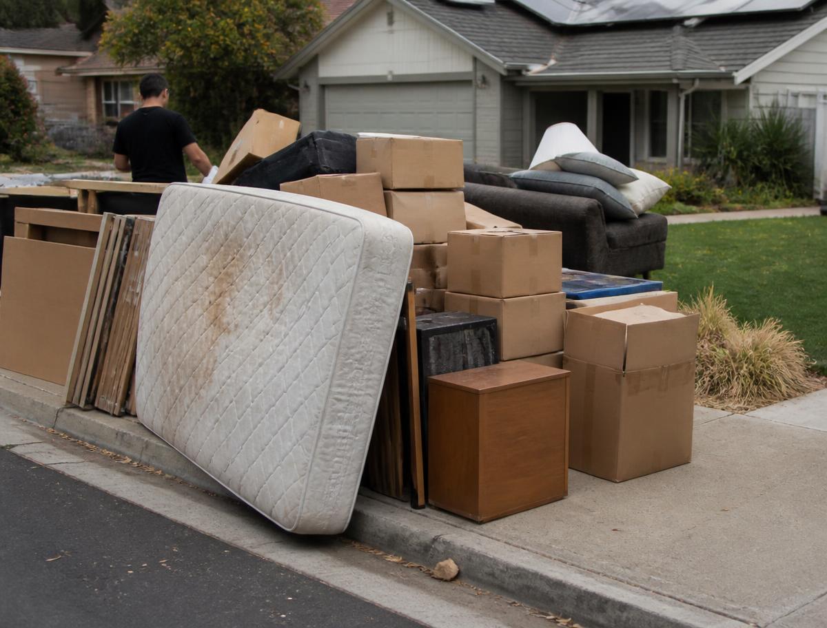 Sorted household junk including a mattress and boxes at an Ottawa curbside ready for removal