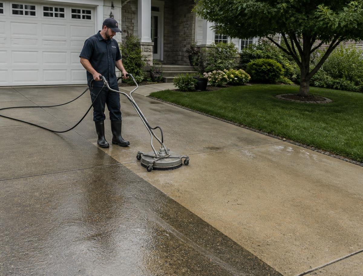 Pressure washing a residential concrete driveway in Ottawa