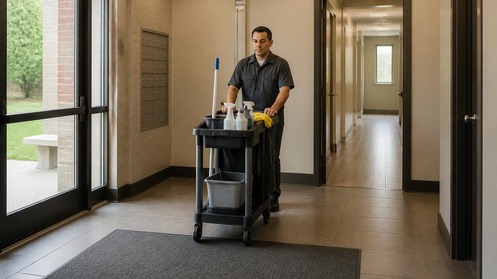 Property-care worker pushing a cleaning cart through a tidy Ottawa apartment lobby and corridor