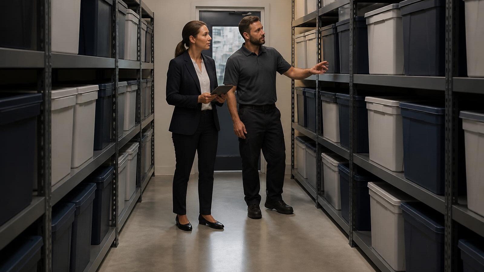 Property manager and property-care worker reviewing organized shelving and a clear aisle in a shared storage room
