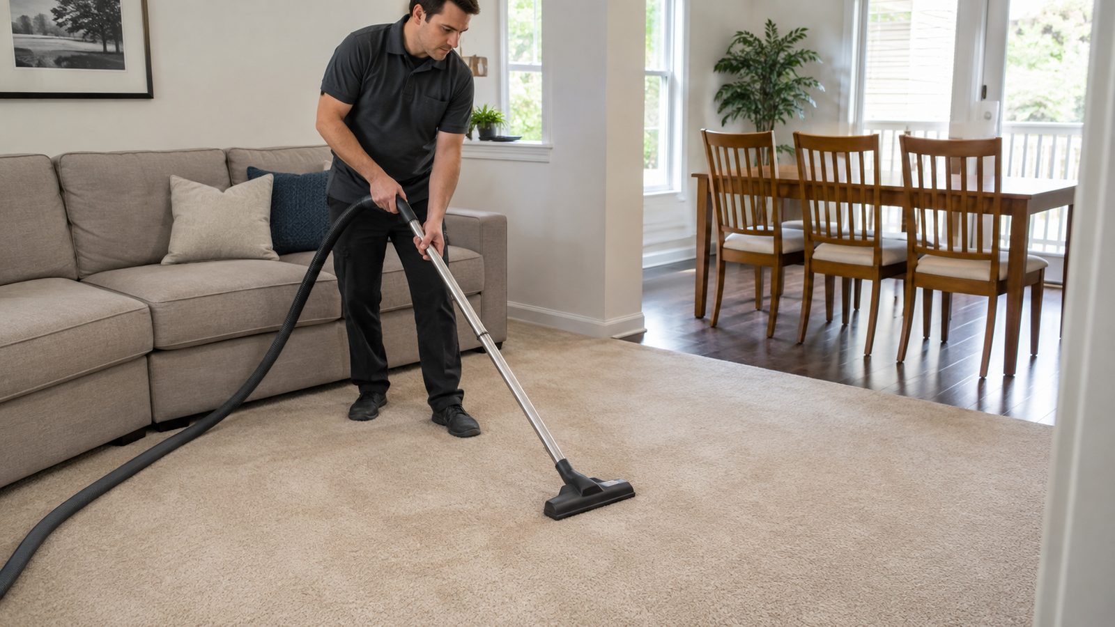 Technician cleaning the carpet in a bright Ottawa living room while light furniture is kept clear of the work area.