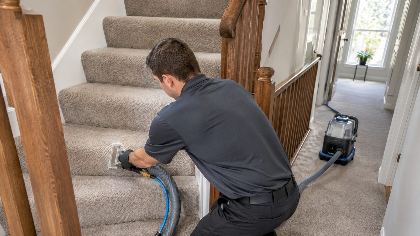 Carpet-cleaning technician working carefully on the stairs and landing of an Ottawa home.