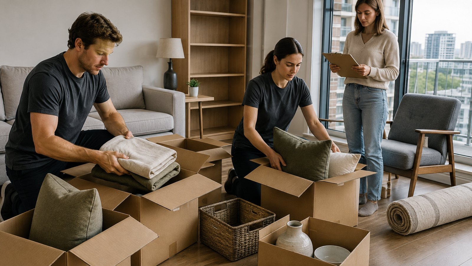 Workers sorting ordinary household items into plain boxes in a tidy Ottawa condo living room.