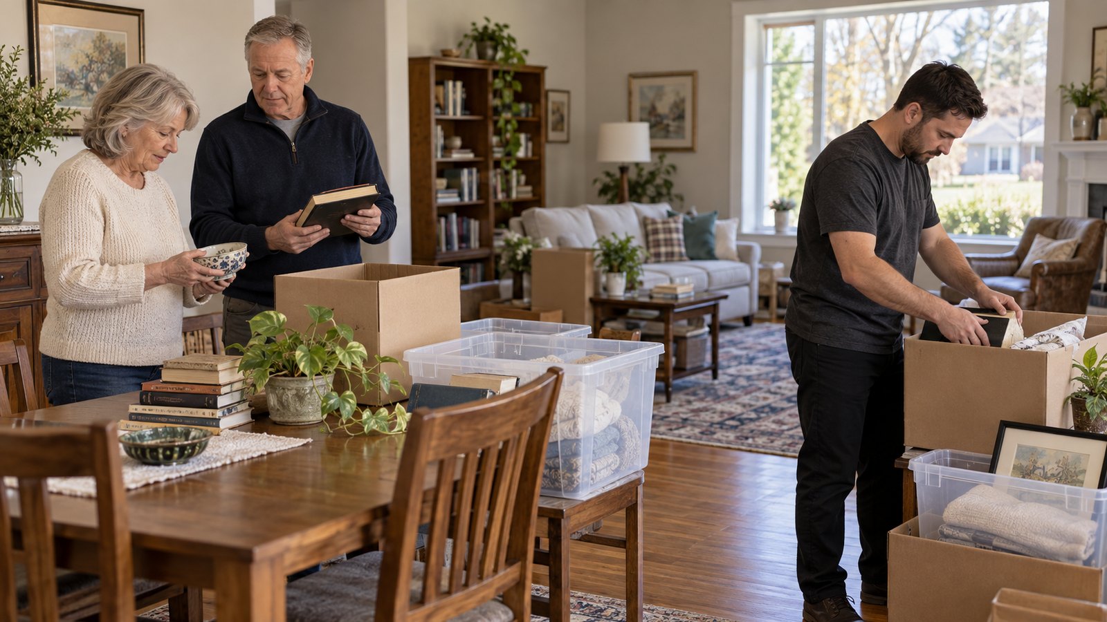 Adult family members and a property-care worker sorting ordinary household belongings in an Ottawa living and dining area before a home sale.