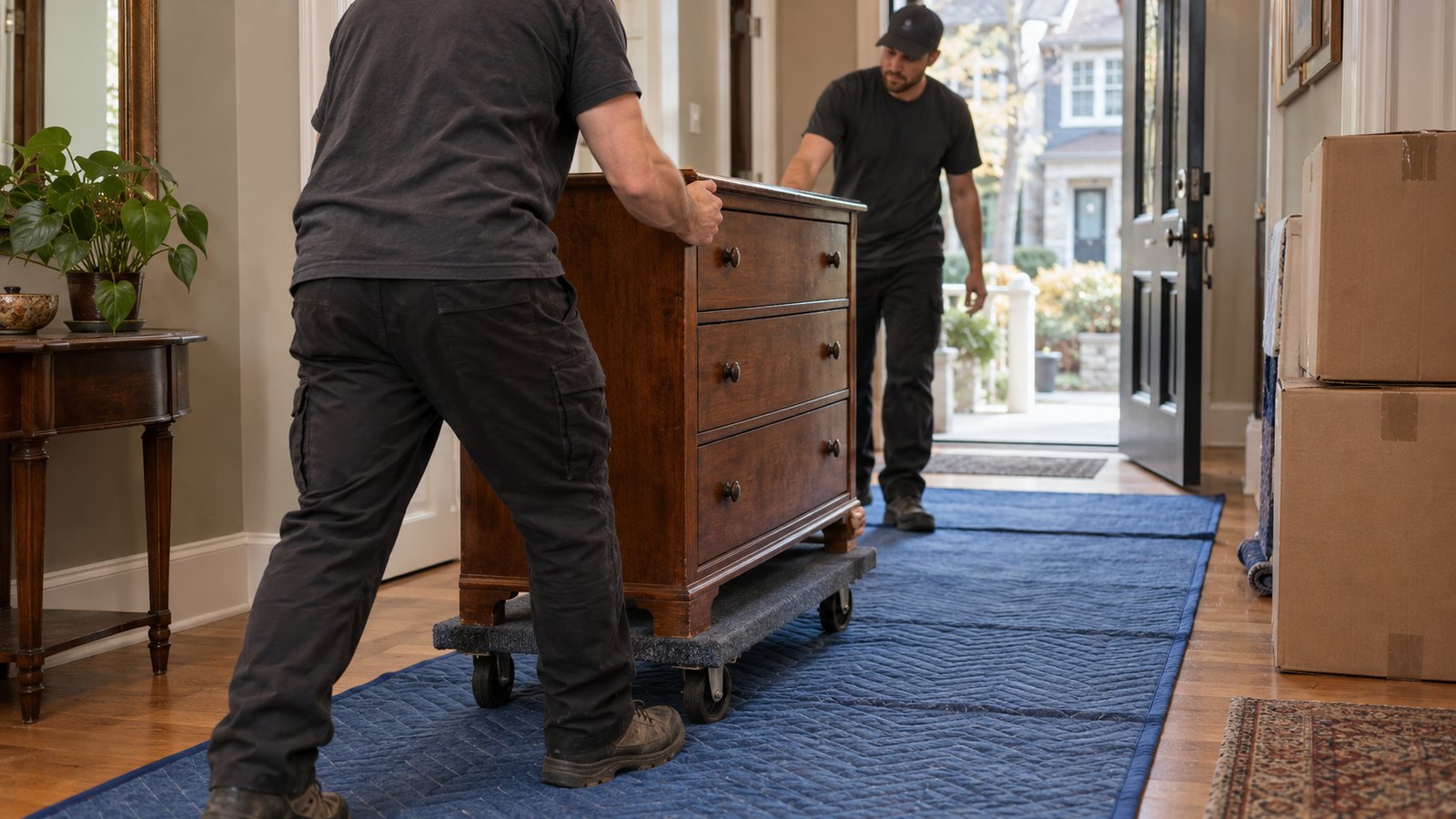 Property-care workers guiding a small dresser on a furniture dolly along a protected Ottawa home entrance route.