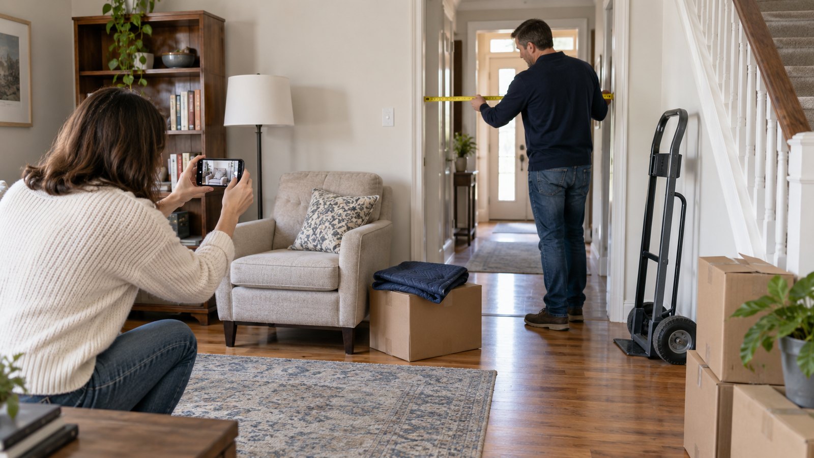 Family members photographing a small armchair and measuring an Ottawa home's doorway before an estate cleanout.