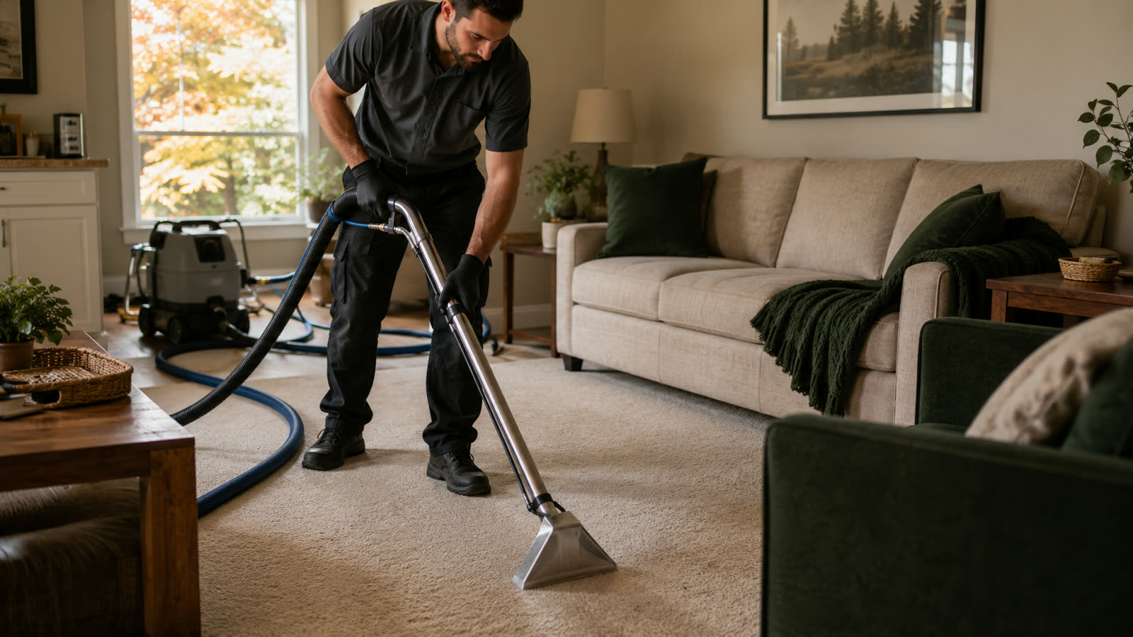 Technician using hot-water extraction equipment on a living-room carpet in an Ottawa home