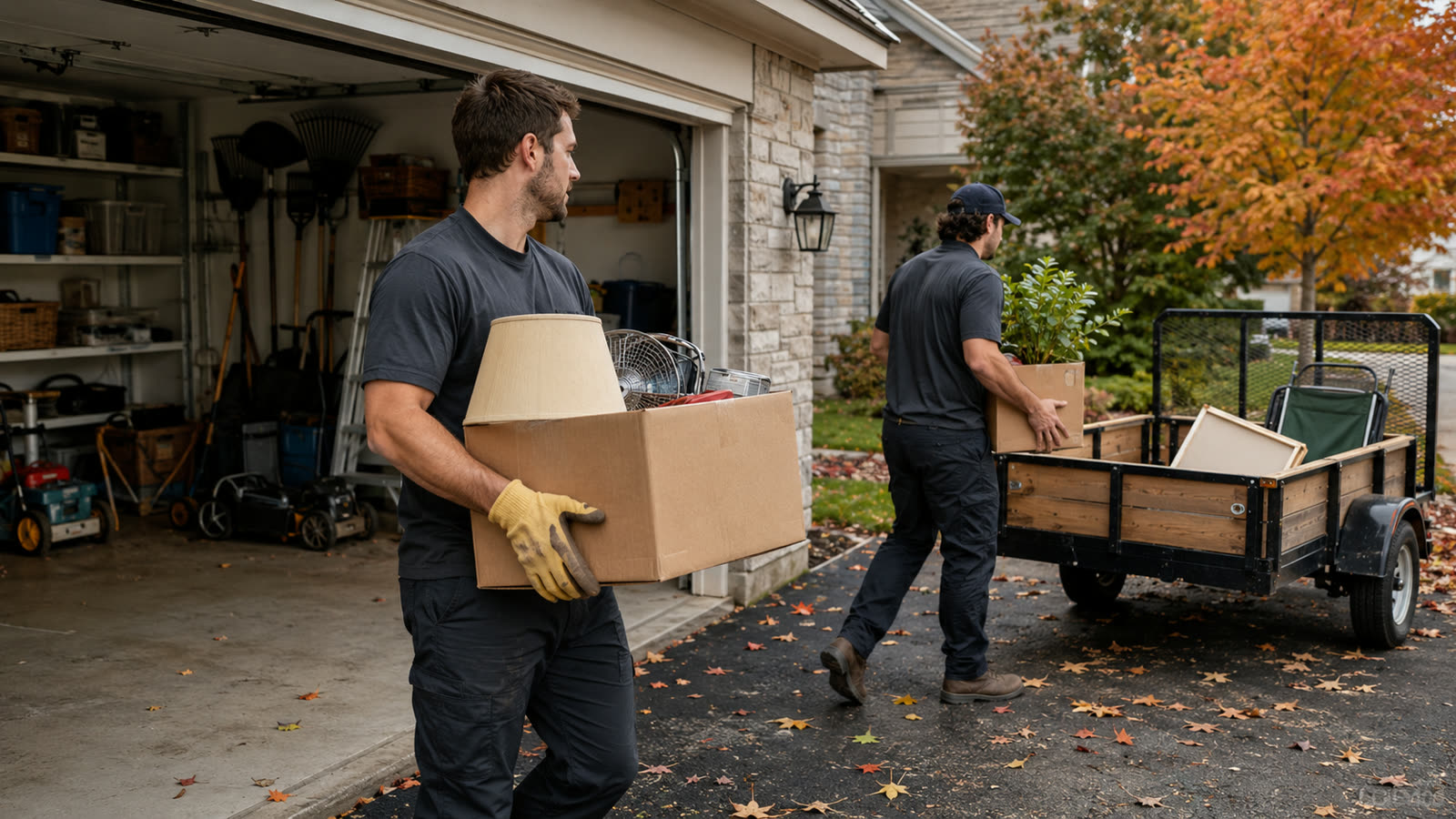Property-care crew carrying boxes out of an Ottawa garage during a fall clean-out