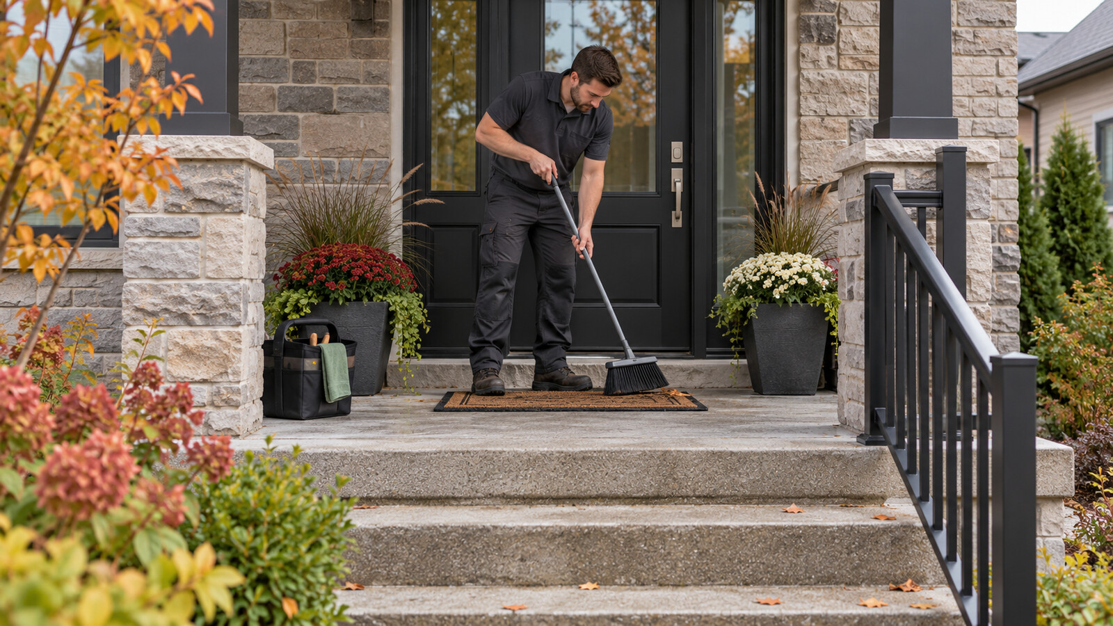 Property-care worker sweeping and organizing a front porch with a doormat and planters at an Ottawa home in early autumn