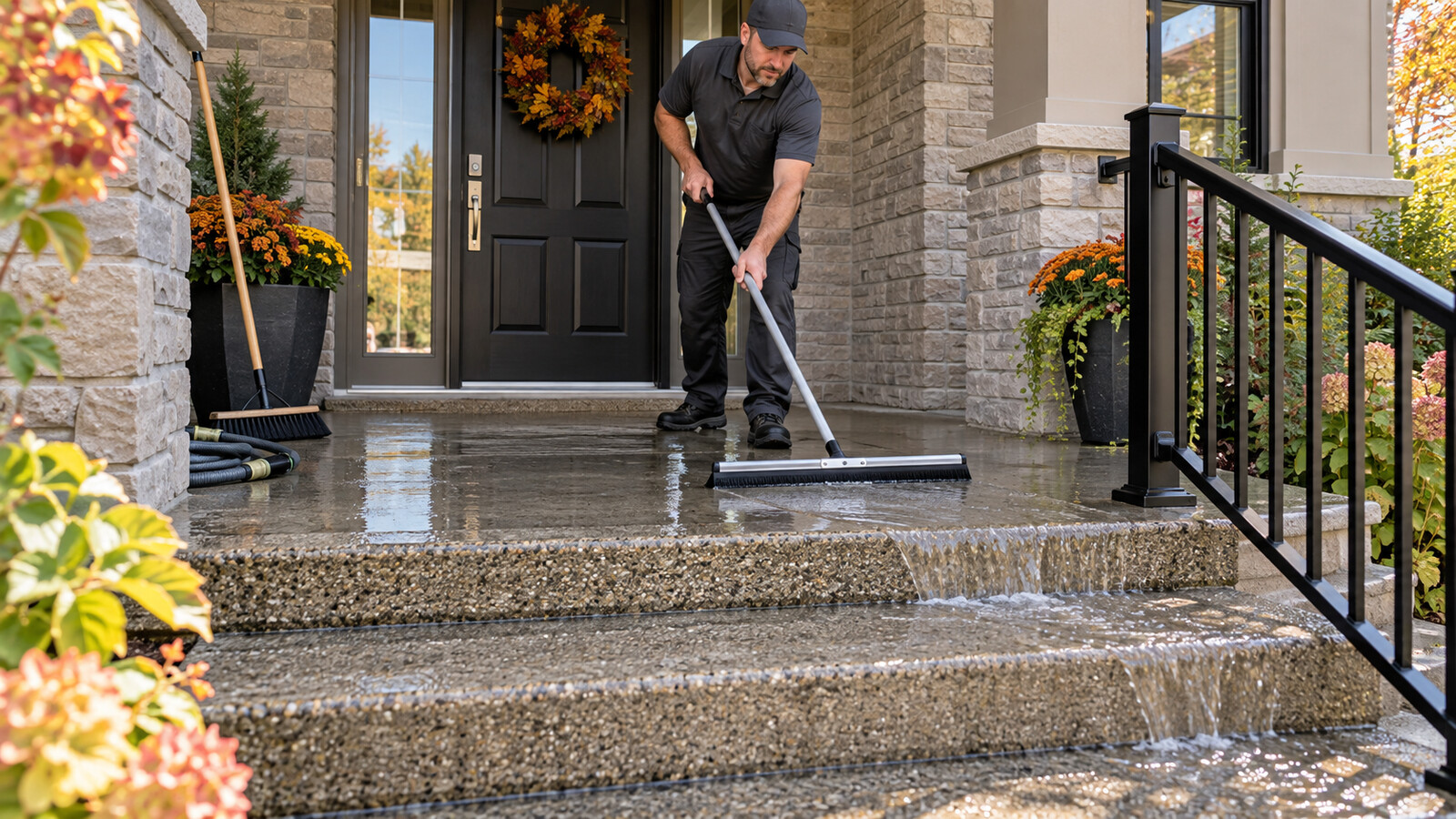 Property-care worker guiding a shallow layer of rinse water away from the doorway on an Ottawa front porch
