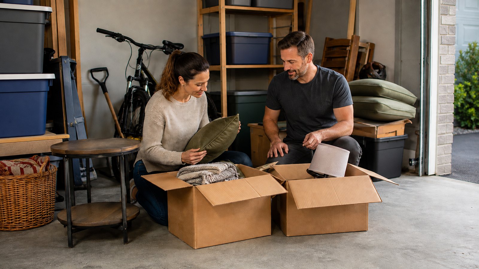 Homeowner and property-care worker sorting ordinary household belongings in an Ottawa garage before a move.