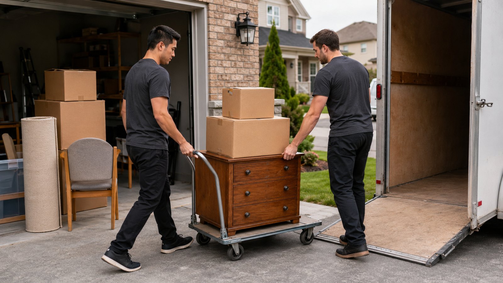 Two workers safely moving a small dresser and blank boxes toward an unbranded trailer on an Ottawa driveway.