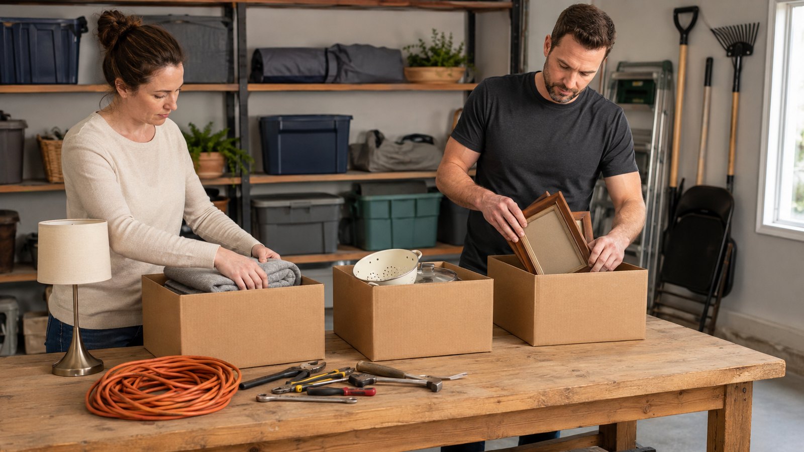 Homeowner and property-care worker sorting ordinary garage items into plain boxes on a workbench.