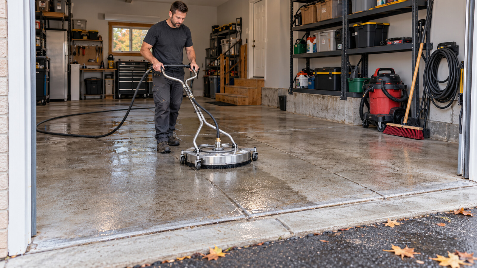 Property-care worker using a surface-cleaner attachment on a concrete garage floor at an Ottawa home in early autumn