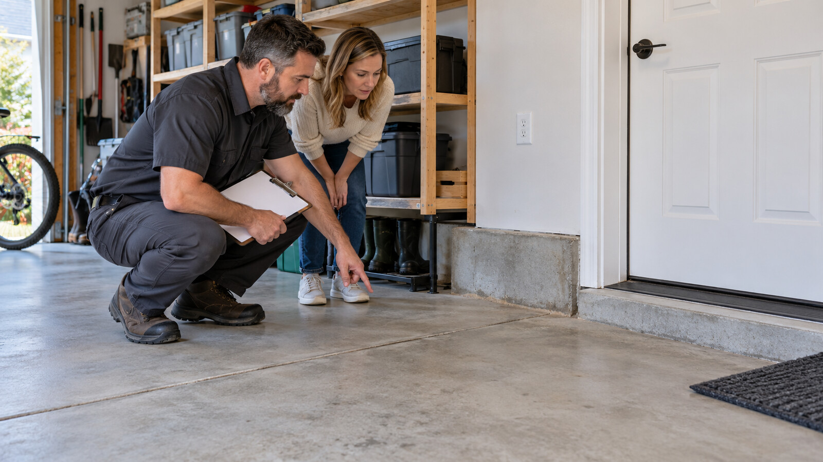 Ottawa homeowner and property-care worker inspecting a dry concrete garage floor, expansion joint and interior door threshold