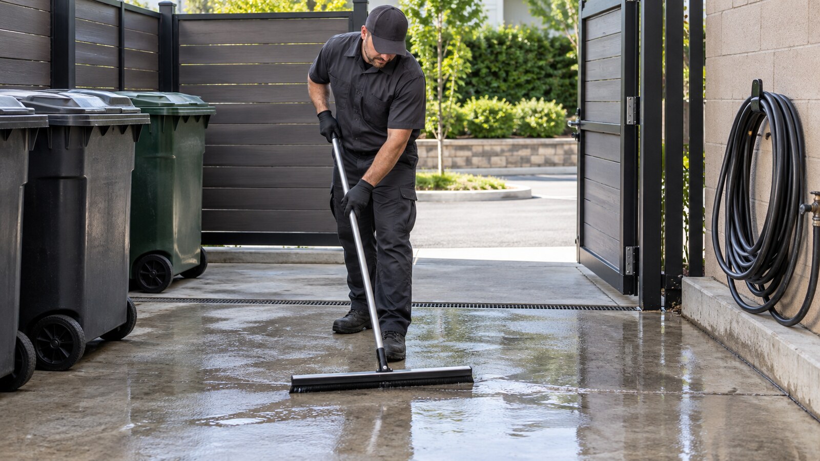 Property-care worker using a wide floor squeegee to manage rinse water on a concrete garbage enclosure pad