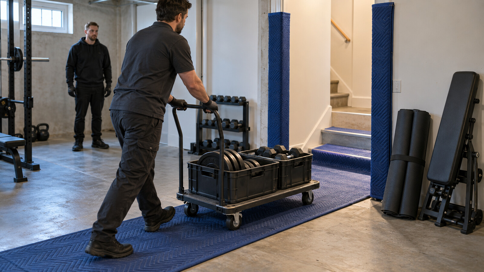 Property-care worker guiding low crates of weight plates on a dolly along a protected basement route toward the stairs