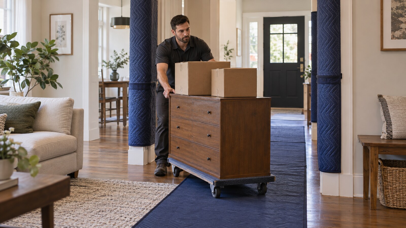 Worker moving a dresser and boxes on a dolly along a protected hallway toward a home entrance