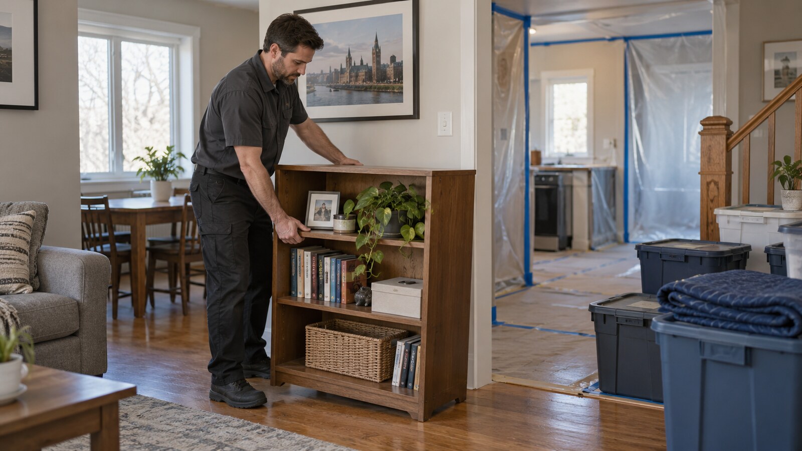 Property-care worker moving a bookcase beside organized bins before an Ottawa home renovation