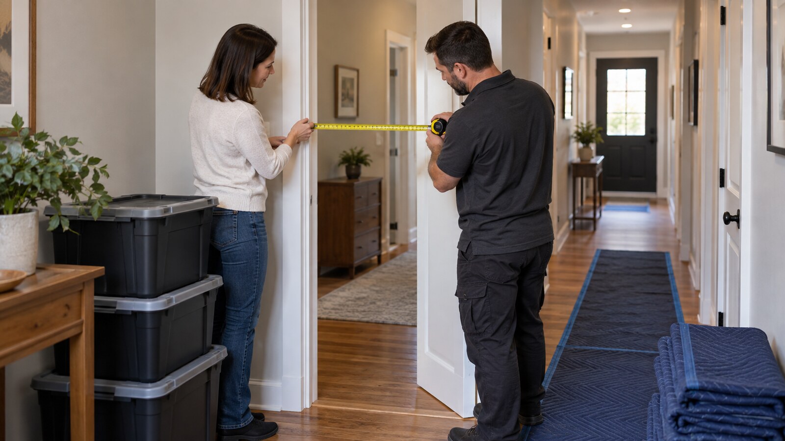 Homeowner and property-care worker measuring an interior doorway beside storage bins and floor protection