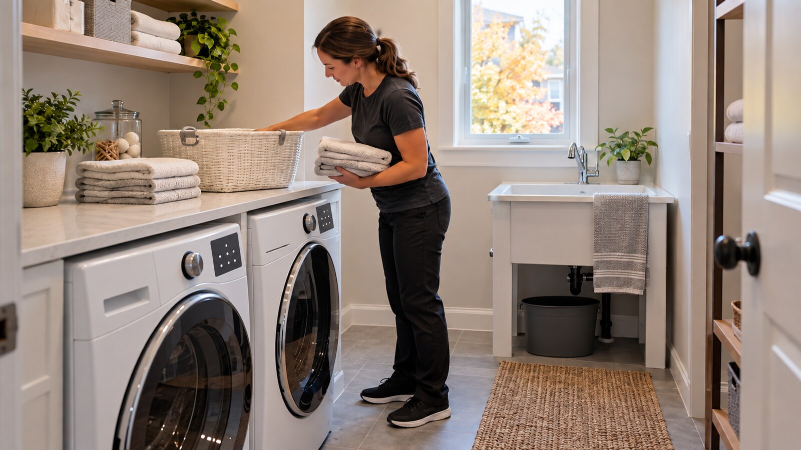 Property-care worker arranging folded towels and an empty basket in a bright, practical Ottawa laundry room before listing photos