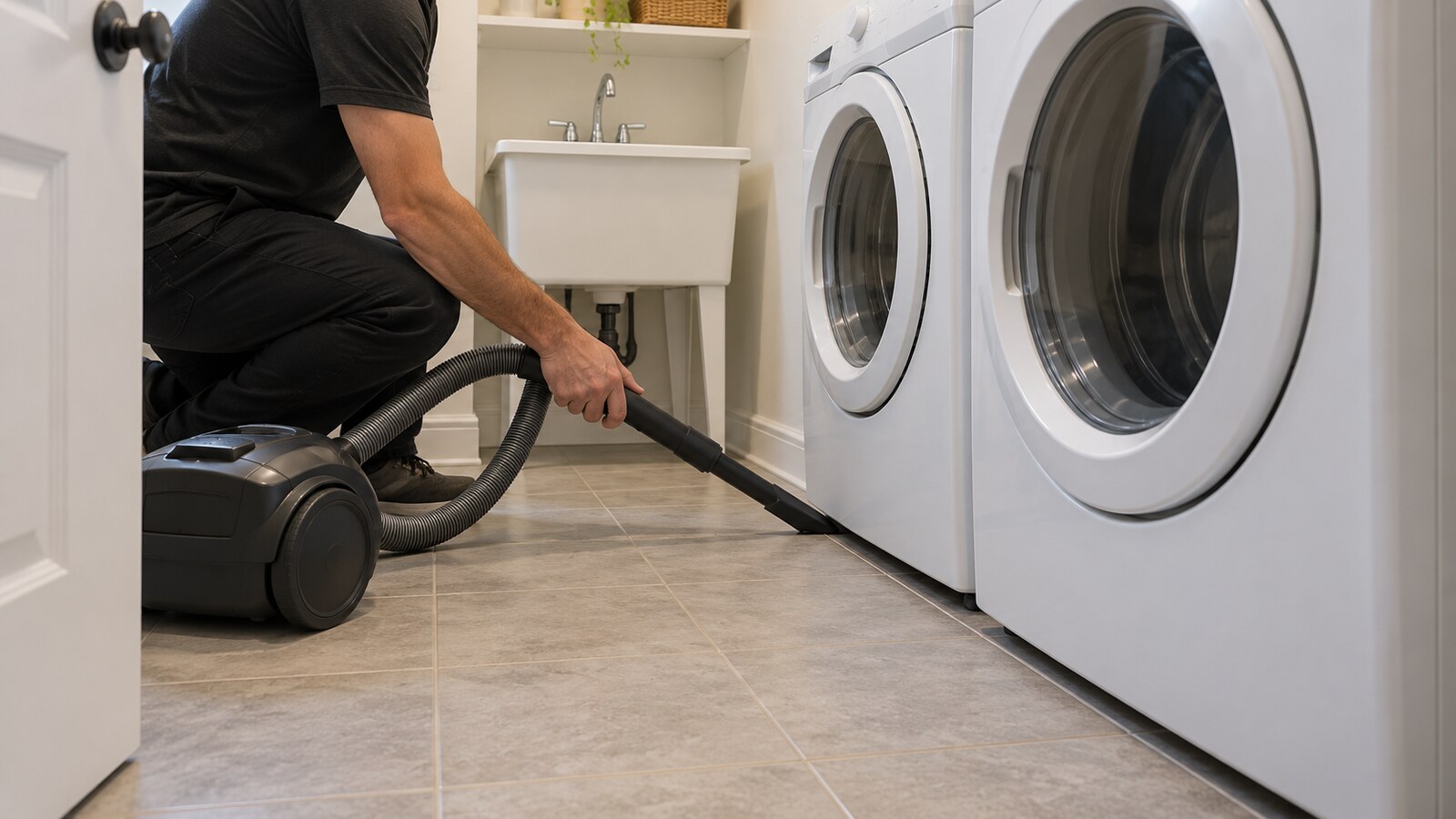 Property-care worker vacuuming the tile floor edge beneath unbranded laundry appliances in an Ottawa home
