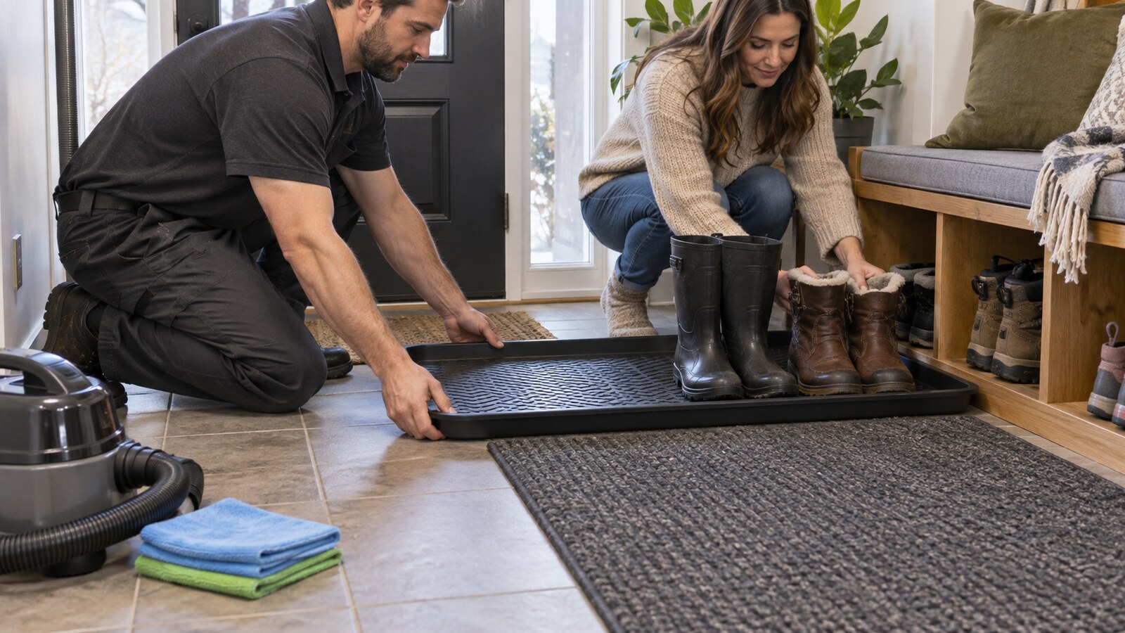 Property-care worker and homeowner arranging a boot tray and absorbent floor mat in a residential entryway