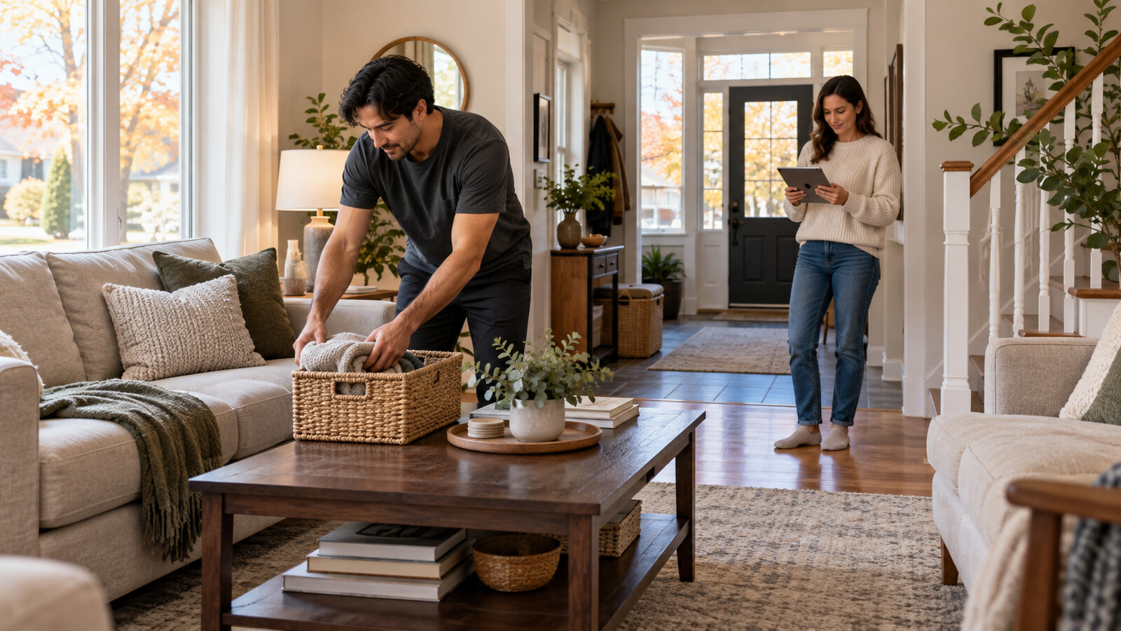 Homeowner and property-care worker resetting an Ottawa living room and front hall between showings