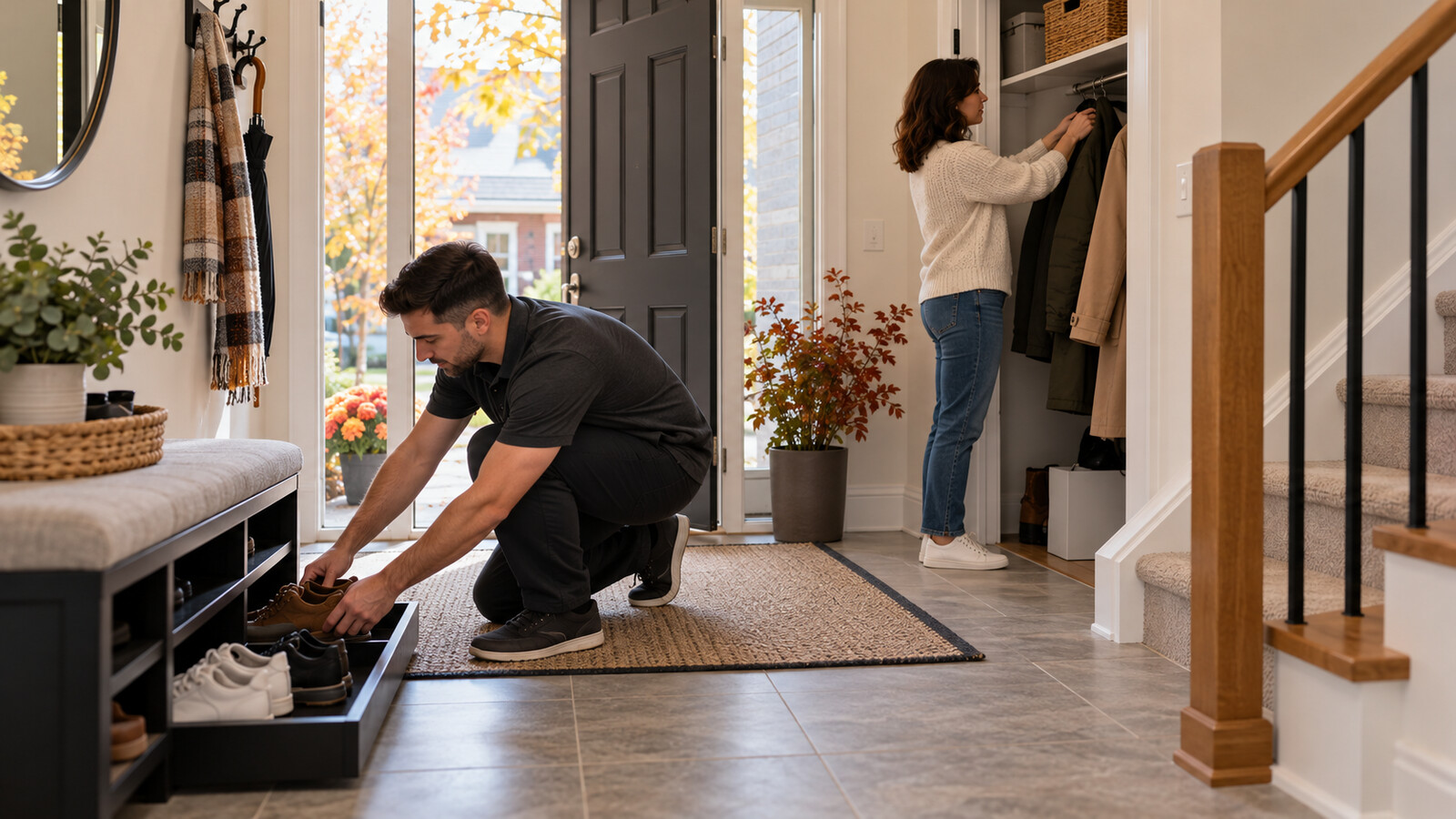 Property-care worker arranging shoes while a homeowner stores coats in an Ottawa front entry