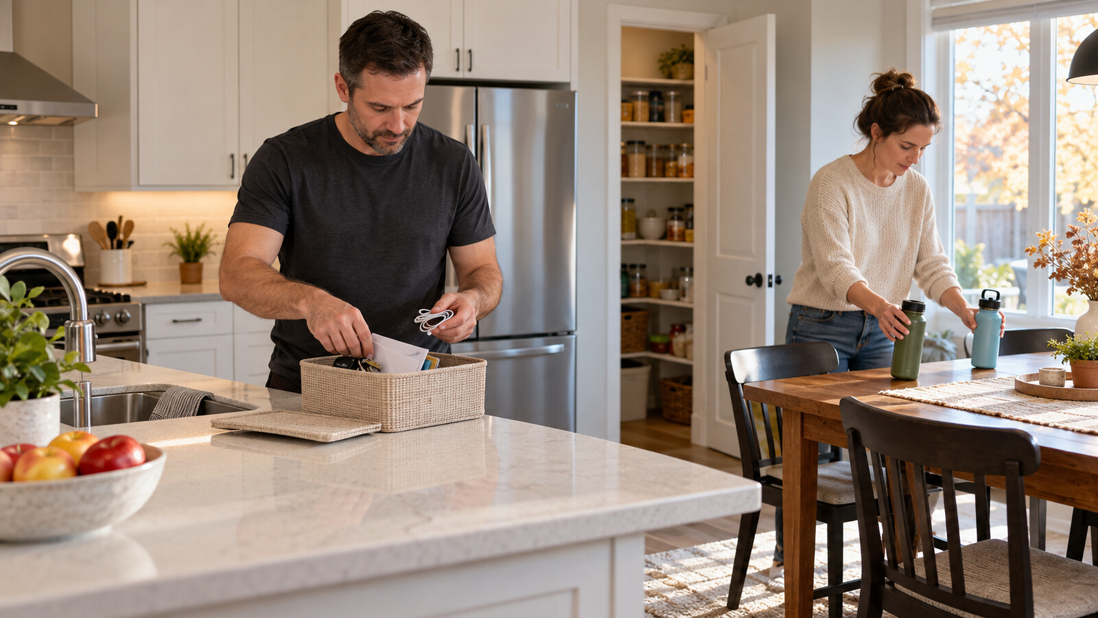 Property-care worker organizing mail and charging cables while a homeowner clears an Ottawa kitchen table