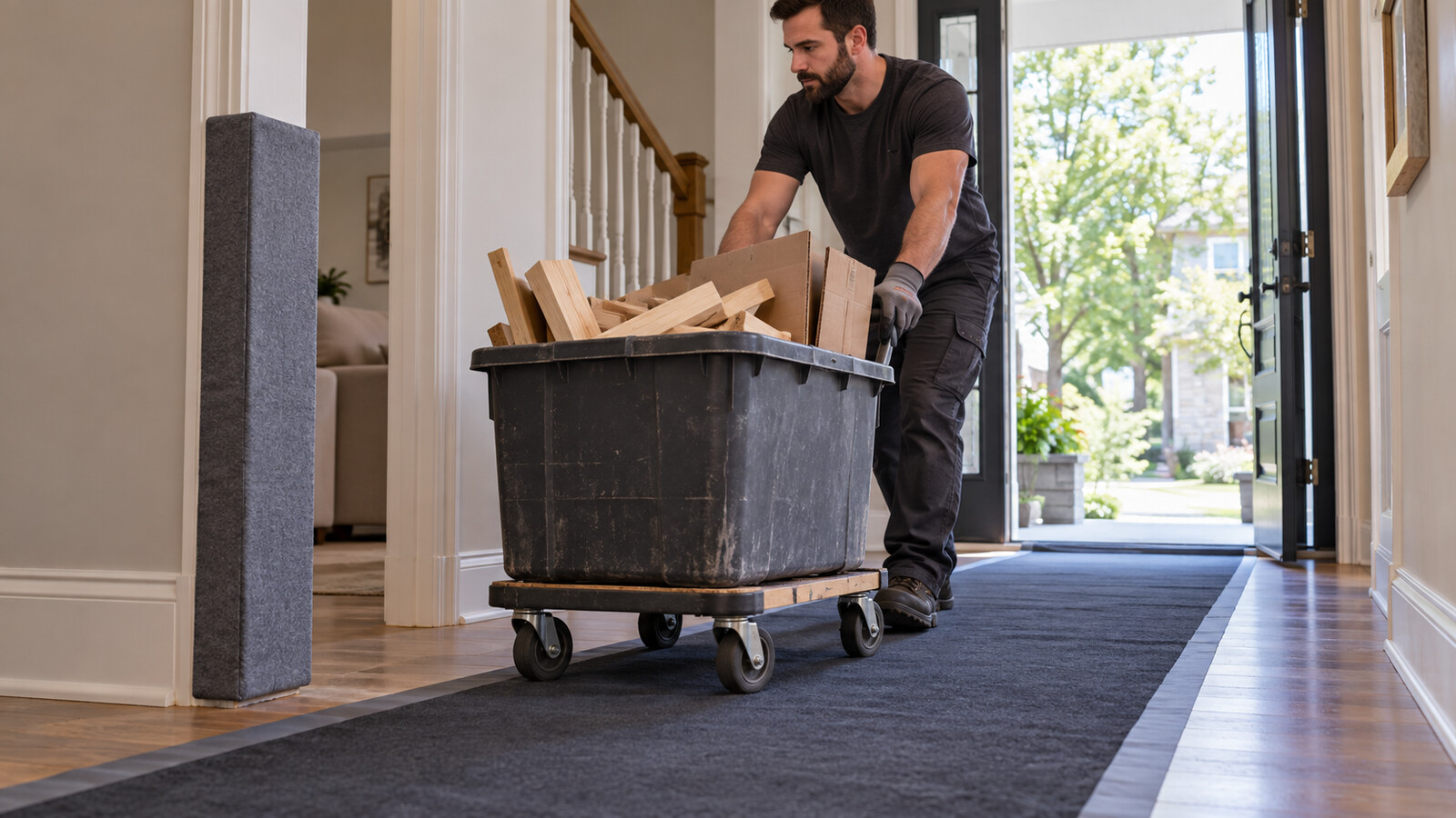 Property-care worker moving a stable bin of ordinary renovation debris along a protected hallway route