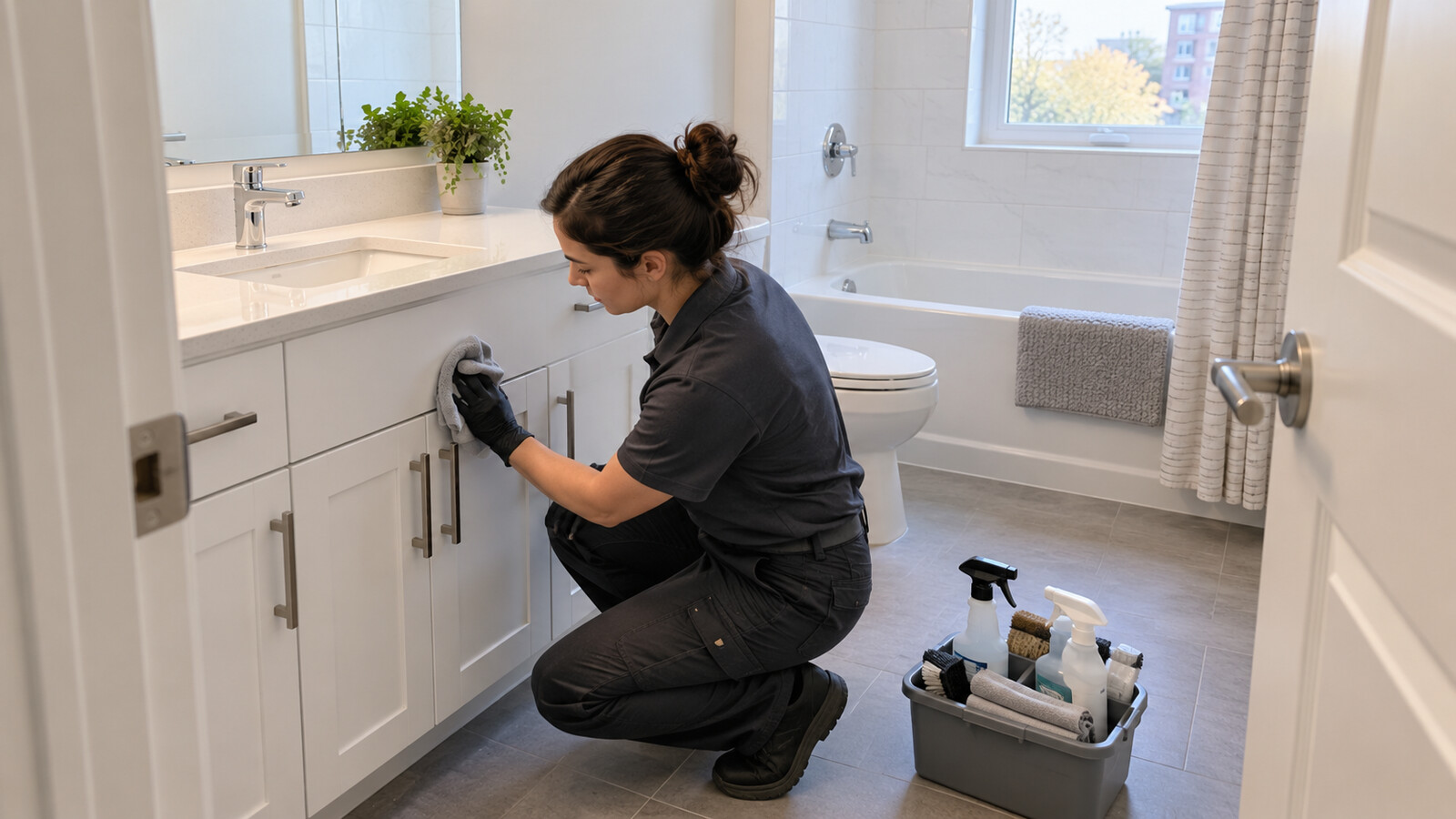 Property-care worker cleaning the exterior of a white vanity in a bright empty Ottawa rental bathroom