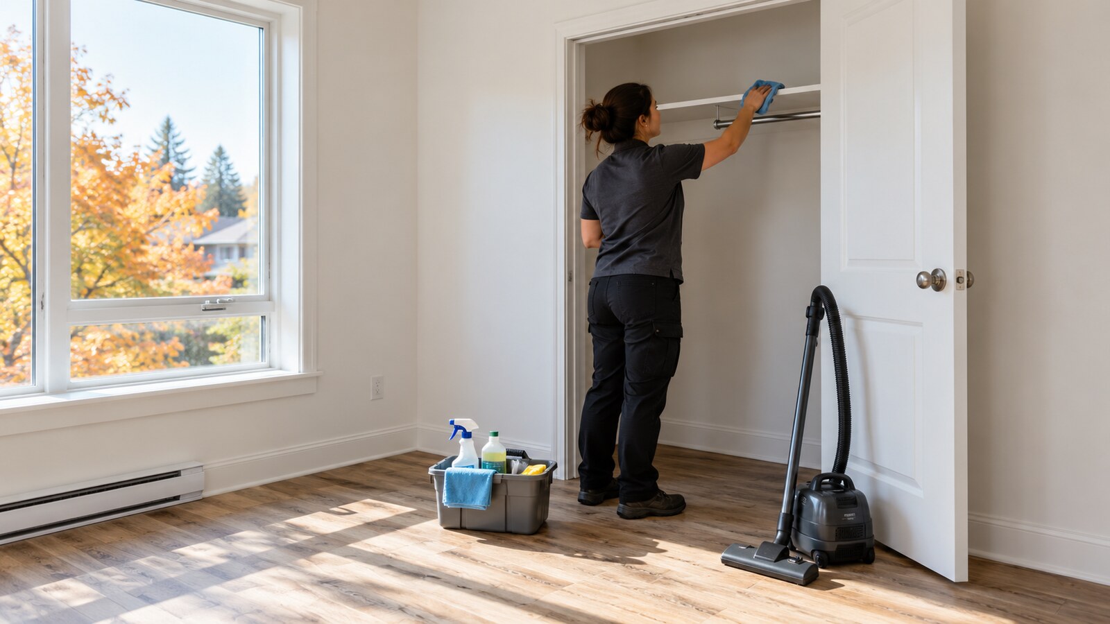 Property-care worker wiping an empty closet shelf in a bright Ottawa rental bedroom during turnover clean-up