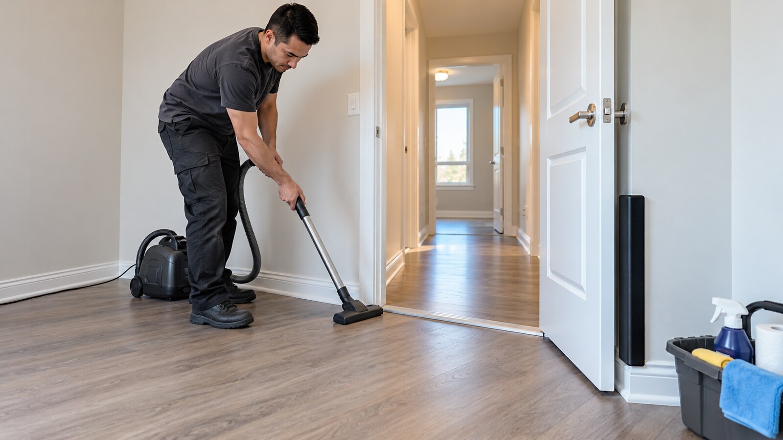 Property-care worker vacuuming floor edges near an empty rental bedroom doorway and clear hallway route