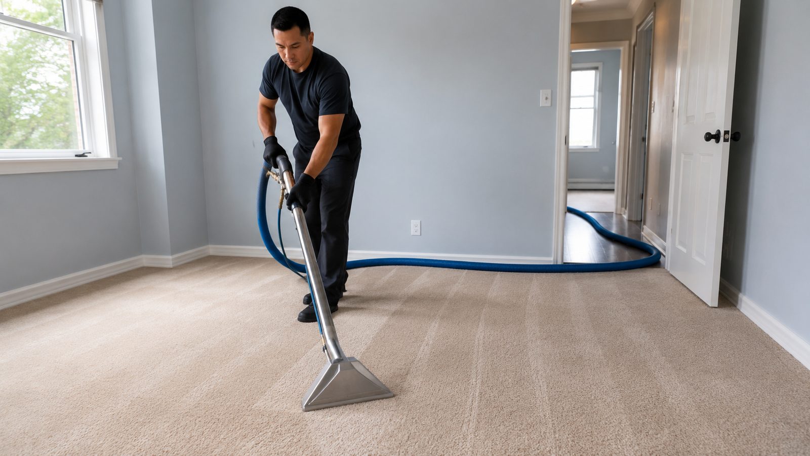 Technician using hot-water extraction equipment on the carpet of an empty Ottawa rental unit.