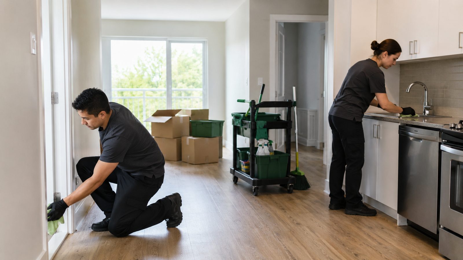 Property-care crew cleaning an empty Ottawa rental unit between tenants.