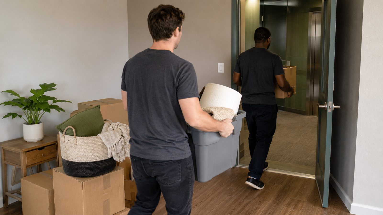 Property-care workers carrying ordinary household items from an Ottawa rental apartment toward a service elevator.