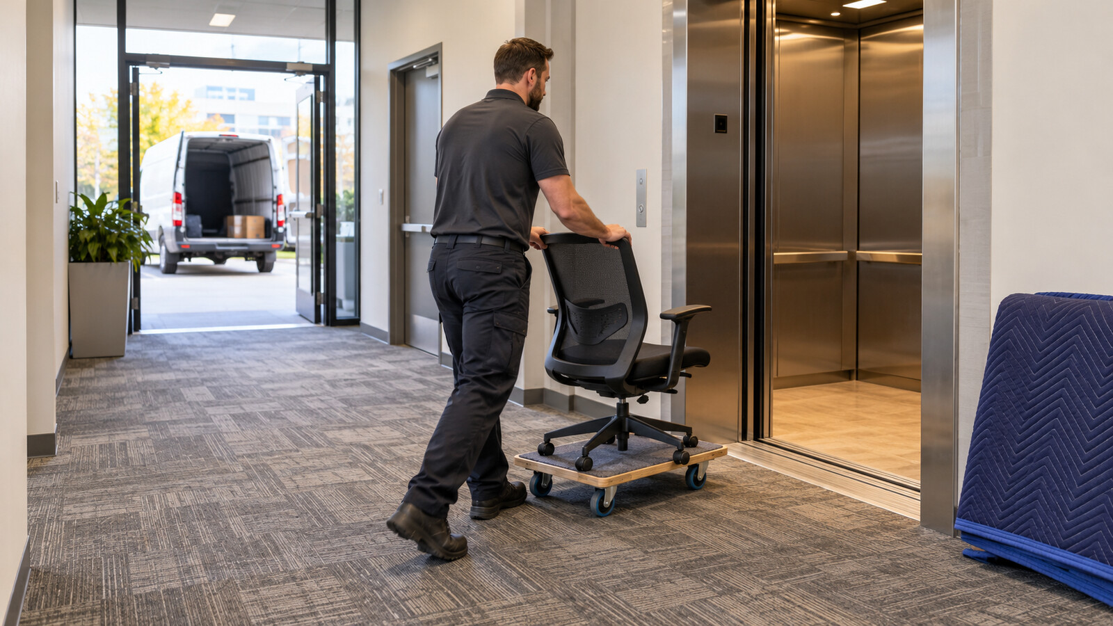 Property-care worker moving an office chair on a dolly beside an elevator and clear exit route