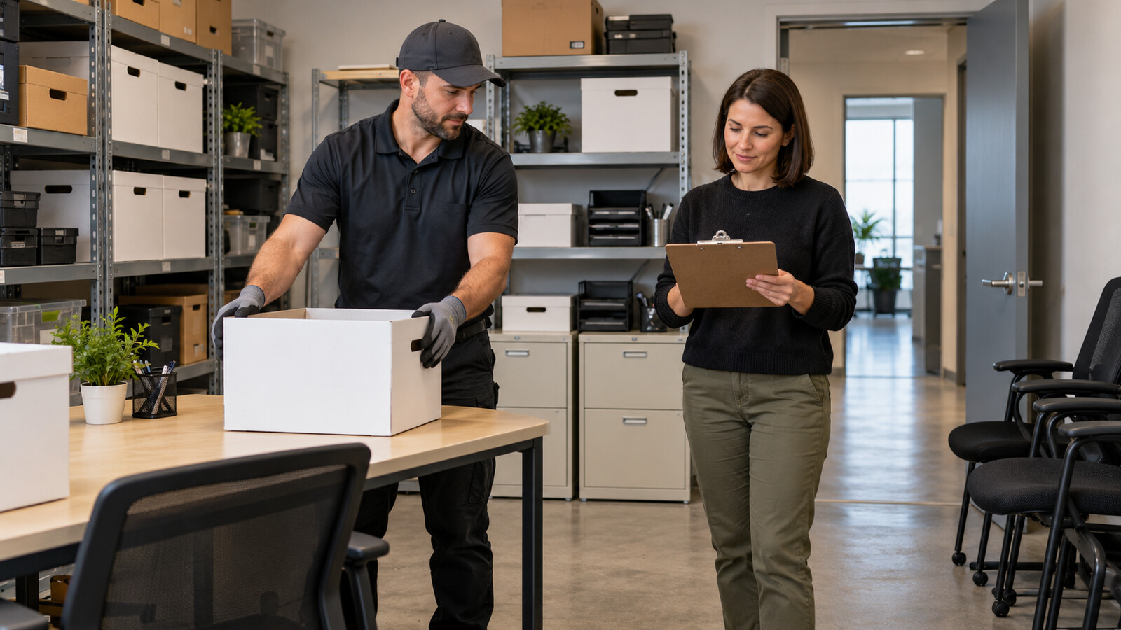 Property-care worker and office manager sorting boxes and furniture in a small office storage room