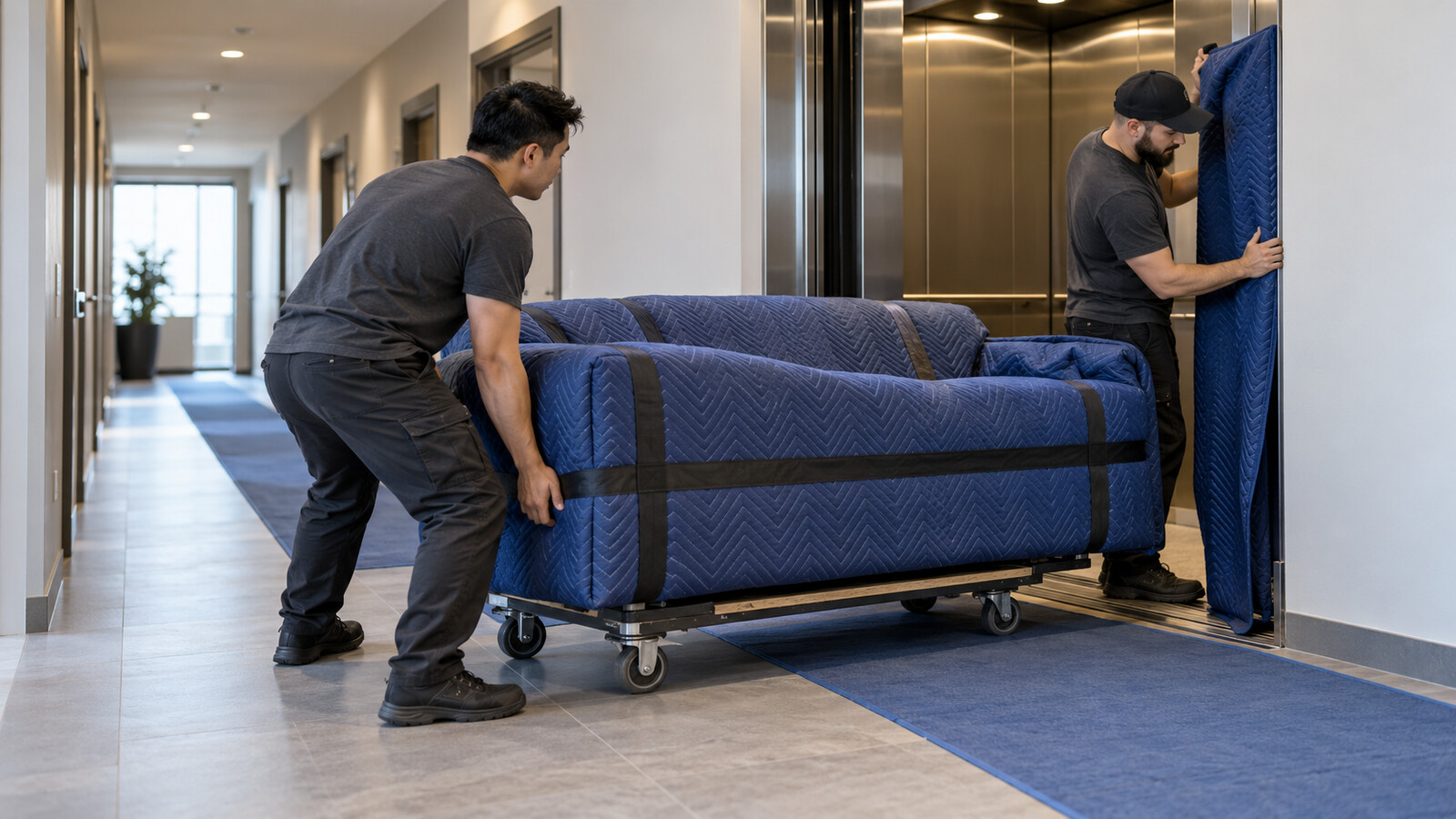 Two property-care workers guiding a padded sofa on a furniture dolly into an elevator in an Ottawa condo corridor