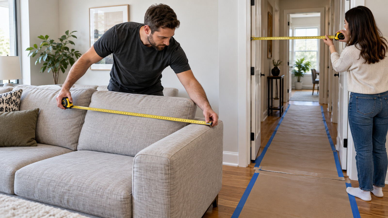 Property-care worker and homeowner measuring a sofa and doorway along a protected hallway in an Ottawa home