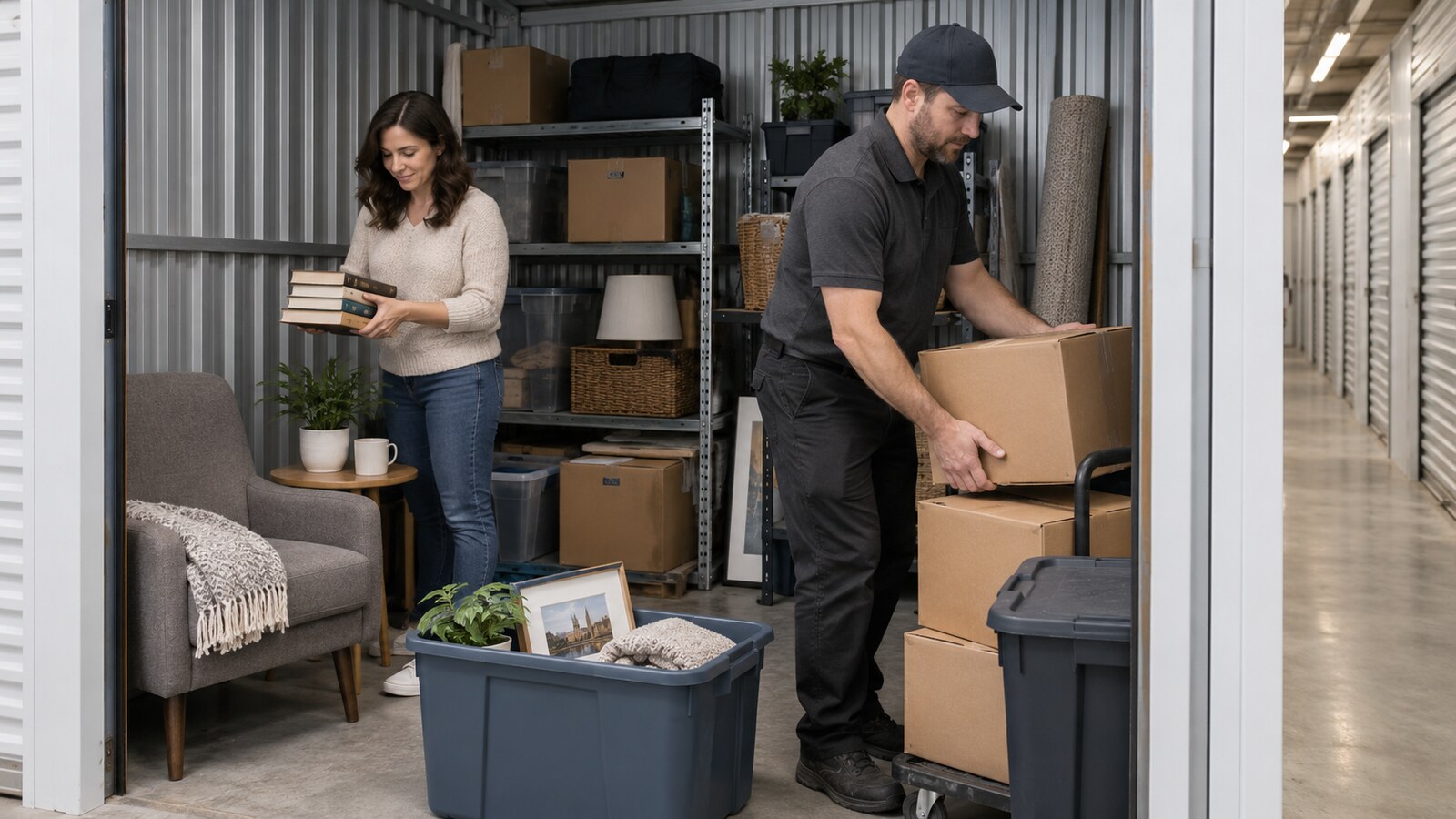 Homeowner and property-care worker sorting ordinary furniture, boxes and reusable bins in an Ottawa storage locker