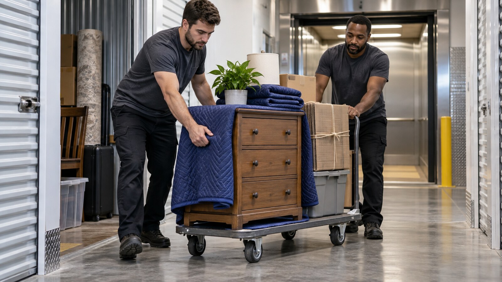 Two property-care workers moving a padded dresser on a flat dolly through a storage facility corridor