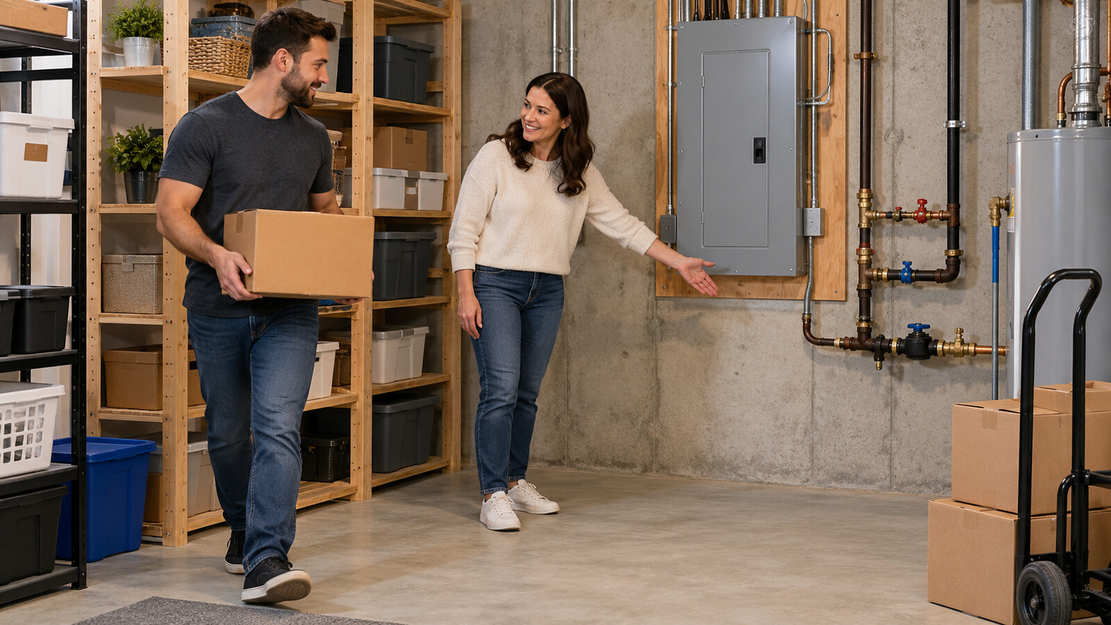 Property-care worker carrying a small box away from a closed electrical panel and plumbing shutoff area