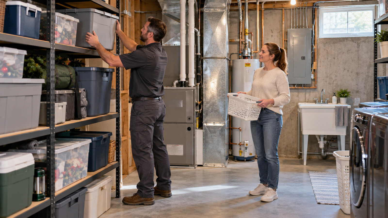 Property-care worker placing a storage bin on shelving while a homeowner sorts a blanket in an Ottawa utility room