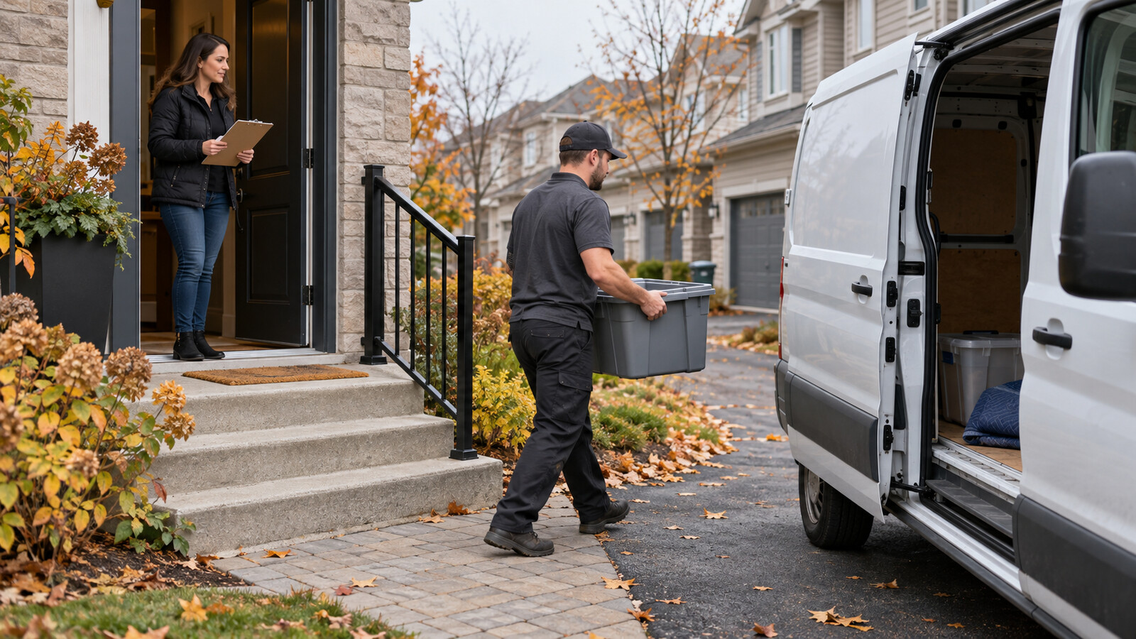 Property-care worker carrying an empty tote along a clear townhouse loading route in autumn