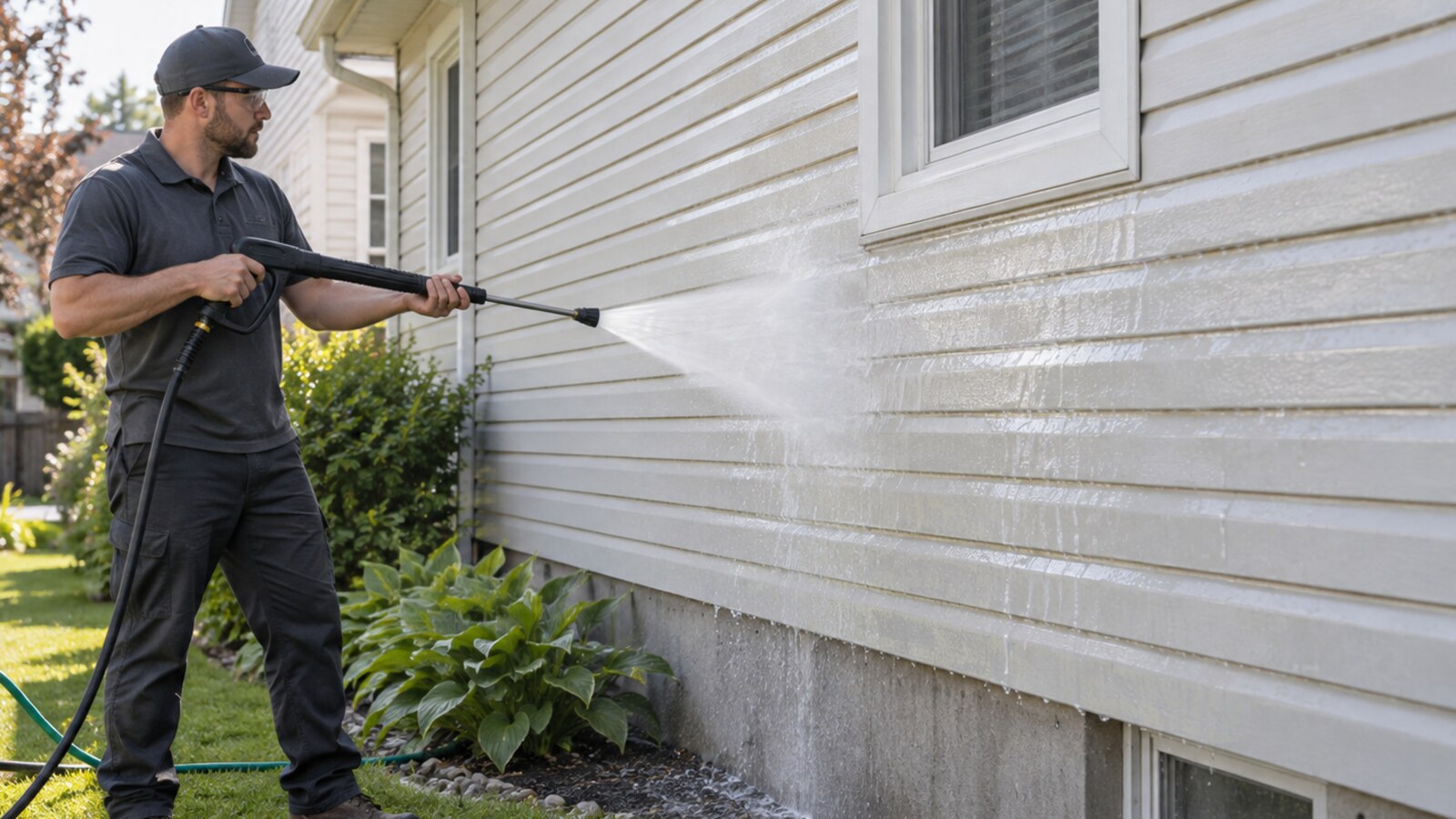 Property-care worker using a controlled wide spray to wash vinyl siding on an Ottawa home