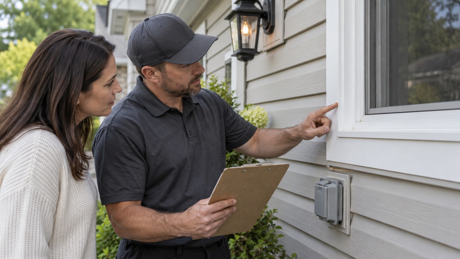 Homeowner and property-care worker inspecting vinyl siding, window trim and an exterior outlet before washing